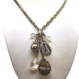 Necklace Loft Pendant Charm Beaded Acrylic Antique Gold Tone Textured Chain 32"